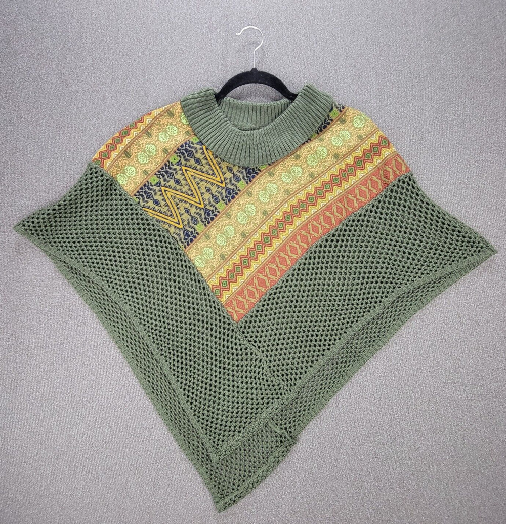 Nativo Guatemala Green Print Mercerized Cotton Open Knit Poncho *READ*